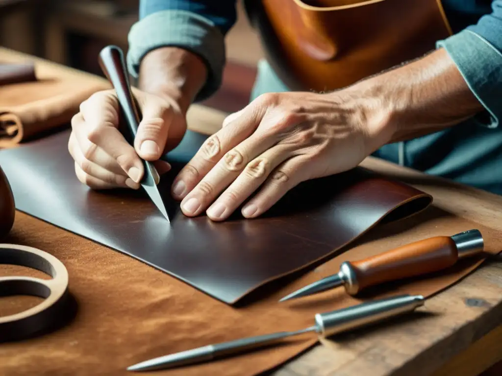 Un artesano experto en técnicas de cuero de la era digital trabaja meticulosamente en una pieza vintage, evocando tradición y maestría artesanal