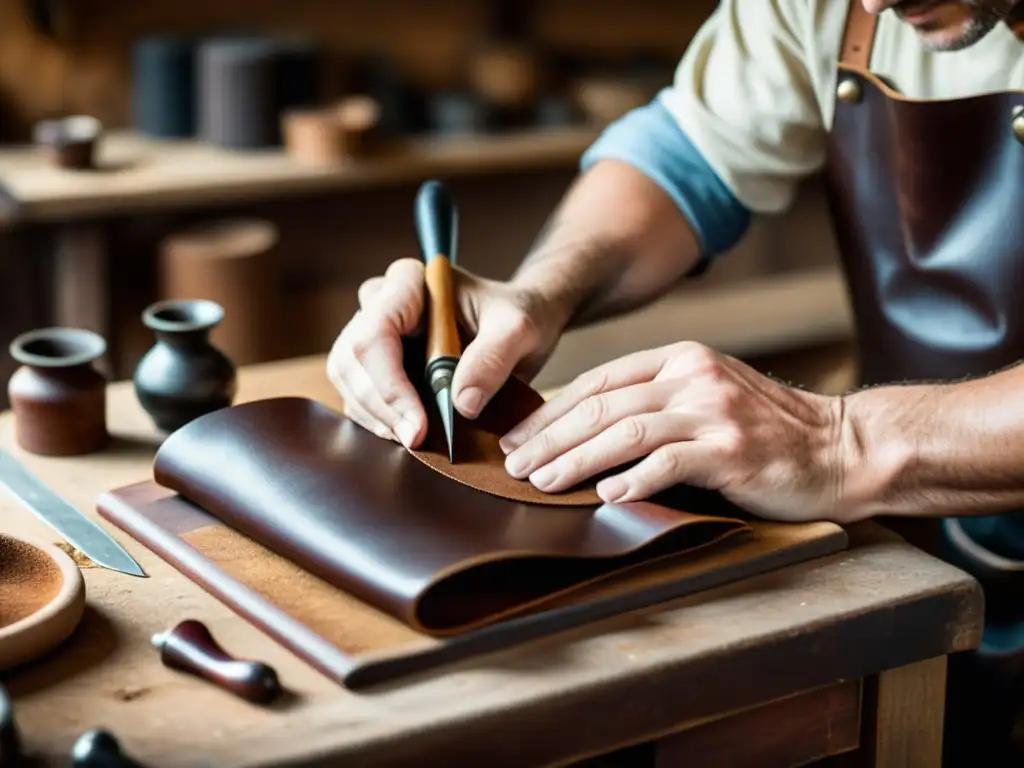 Un artesano experto utilizando técnicas de curtido de cuero artesanal para crear una obra de arte en su taller vintage