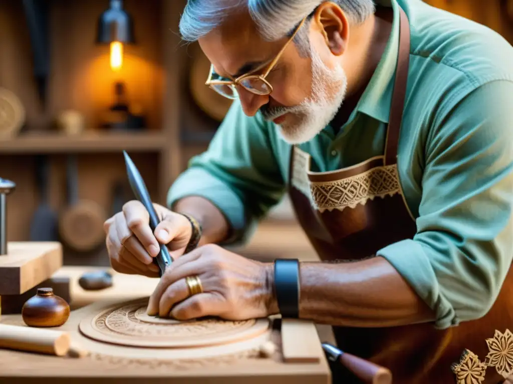 Un artesano experto fusionando técnicas de tallado en madera en un taller cálido y acogedor, con herramientas vintage