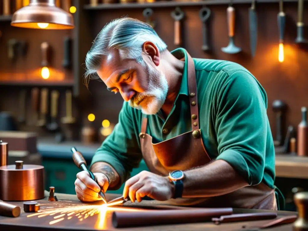 Artesano experto rejuvenece técnicas tradicionales de cobre en su taller vintage, reflejando la artesanía atemporal en la era digital