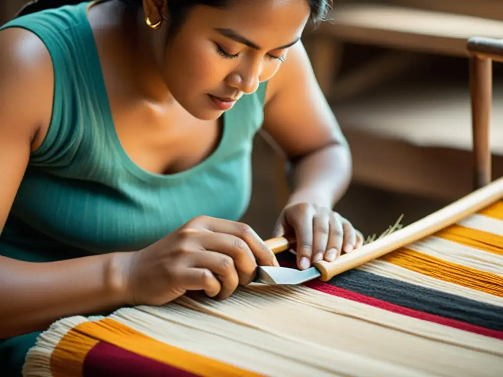 Un artesano experto teje cuidadosamente un textil tradicional con herramientas vintage, resaltando la belleza de la mentoría artesanal digital