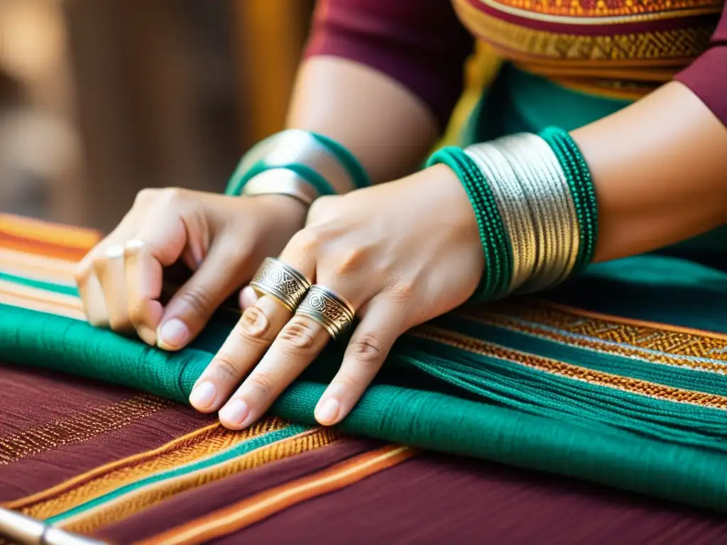 Un artesano experto teje cuidadosamente un textil tradicional con hilos vibrantes y terrosos, resaltando su herencia cultural y destreza artesanal