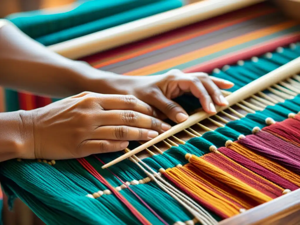 Un artesano experto teje textiles vibrantes con técnicas tradicionales, resaltando la artesanía tradicional en un mercado virtual