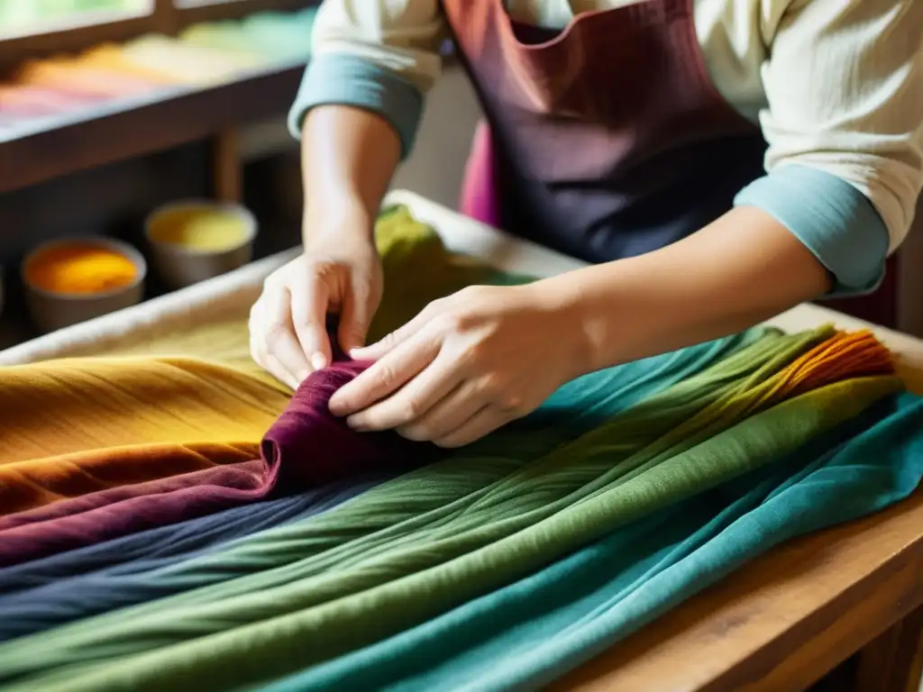 Un artesano experto en tintes naturales tiñe cuidadosamente una tela, creando una obra de colores y texturas