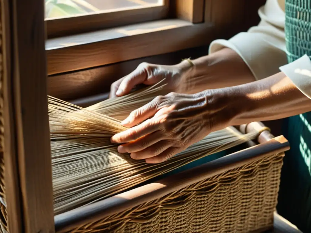 Un artesano experto tejiendo cestería tradicional en la era digital, iluminado por luz natural a través de una ventana vintage