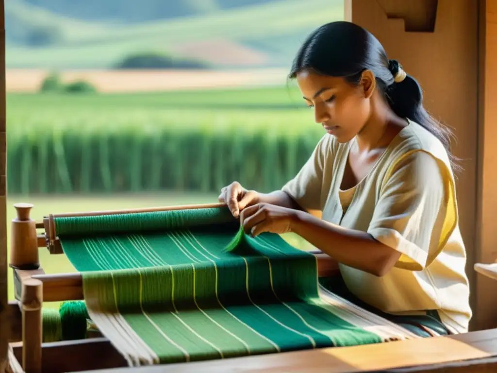 Un artesano experto tejiendo una tradicional tapicería con materiales orgánicos y sostenibles, rodeado de colores vibrantes y un telar de madera