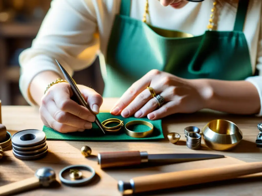 Un artesano experto crea joyería única con materiales reciclados, evocando creatividad y artesanía en el mercado digital de upcycling