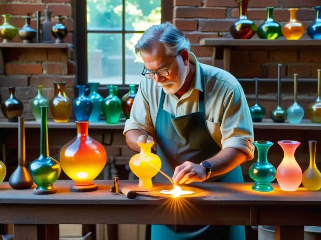 Un artesano experto moldea vidrio fundido en un taller vintage, rodeado de esculturas de vidrio colorido y herramientas antiguas