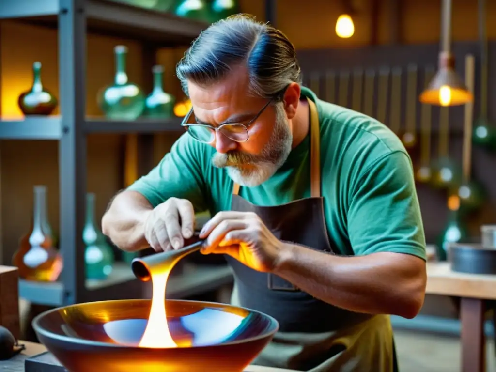 Un artesano experto moldea vidrio soplado con destreza, creando una obra delicada y tradicional en su taller