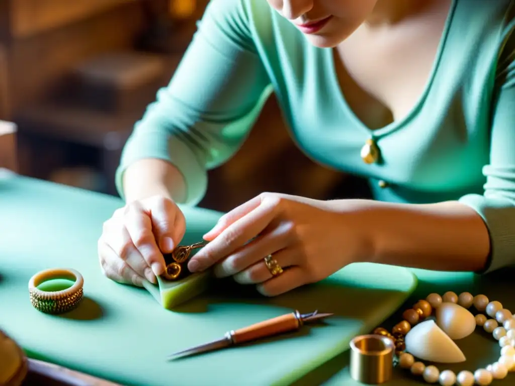 Un artesano experto crea joyería vintage con bioplásticos en un taller lleno de encanto y herramientas tradicionales