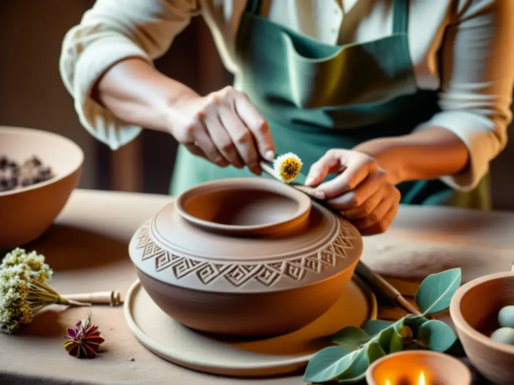 Un artesano crea una exquisita cerámica rodeado de materiales naturales, evocando historias de diseño artesanal sostenible