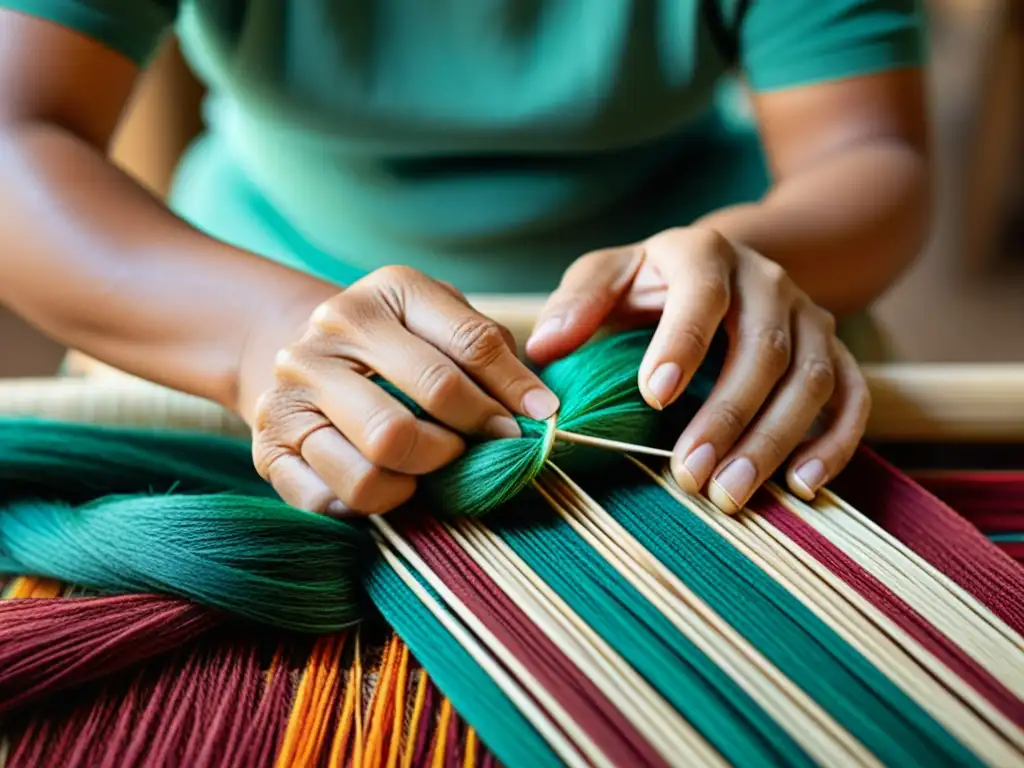 Artesano tejiendo fibras naturales, mostrando dedicación a la artesanía tradicional con menor huella en manos experimentadas