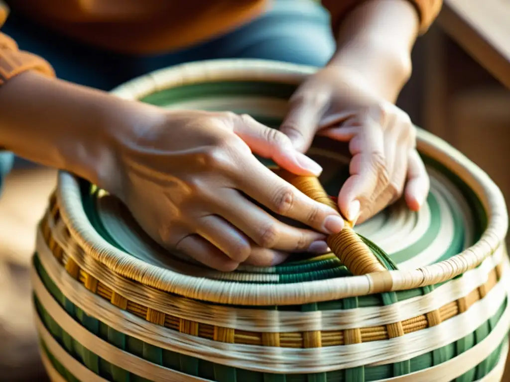Artesano tejiendo cesta: tradición y destreza Un artesano hábil teje fibras naturales con destreza, creando una cesta contemporánea