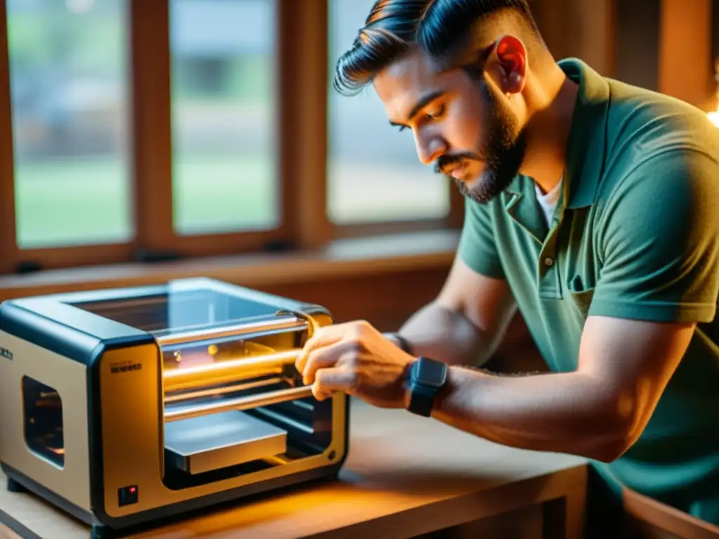 Artesano alimentando filamento vegetal en impresora 3D con luz cálida y nostálgica