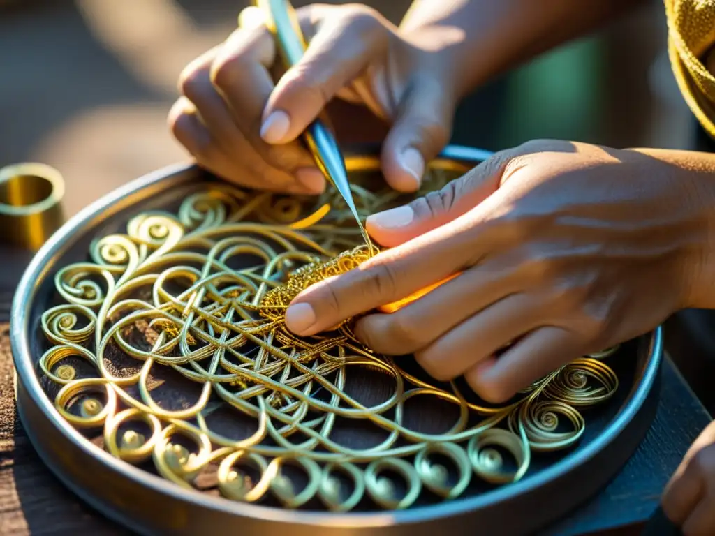 Un artesano crea filigrana artesanal en la era digital, con destreza y pasión en su taller vintage