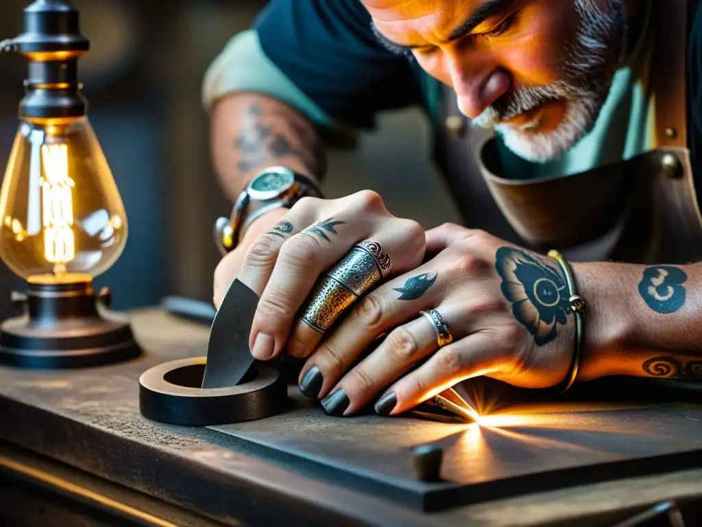 El hábil artesano da forma a un metal reciclado, en su taller iluminado por lámparas antiguas