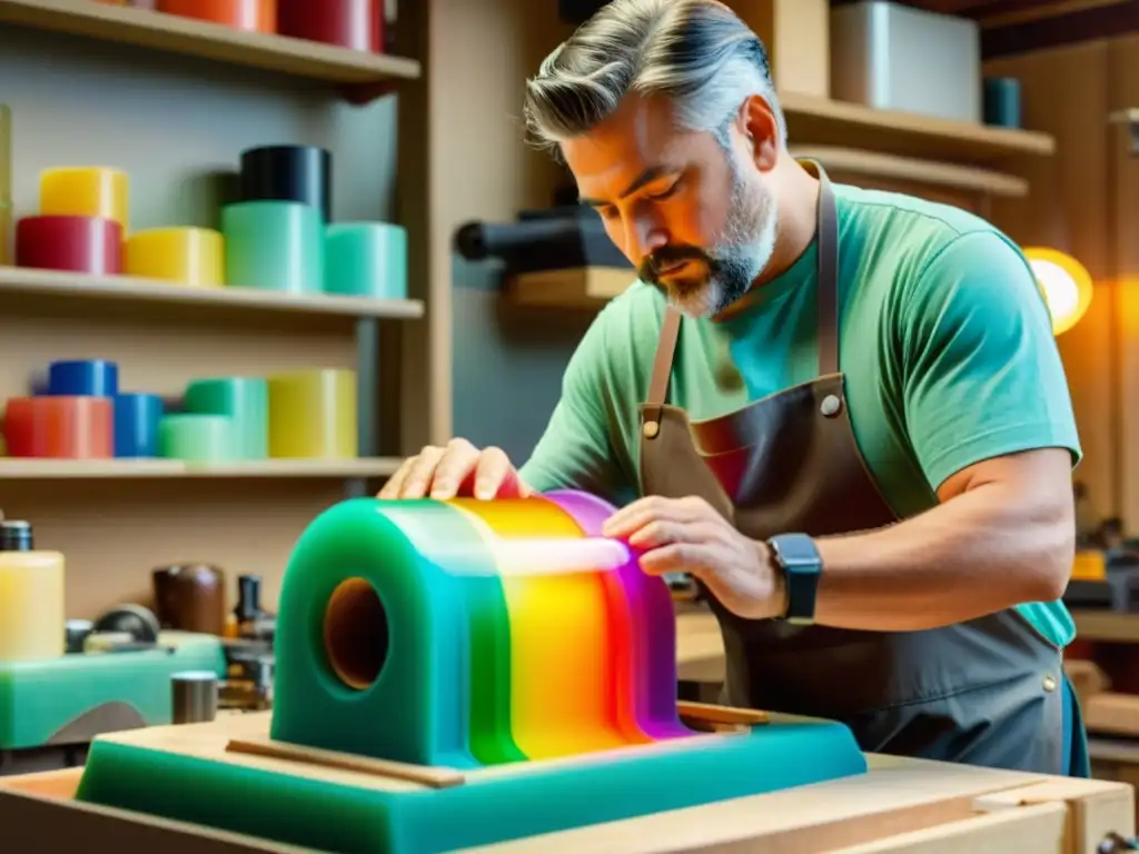 Un artesano da forma a plásticos reciclados con herramientas digitales en un taller lleno de luz natural