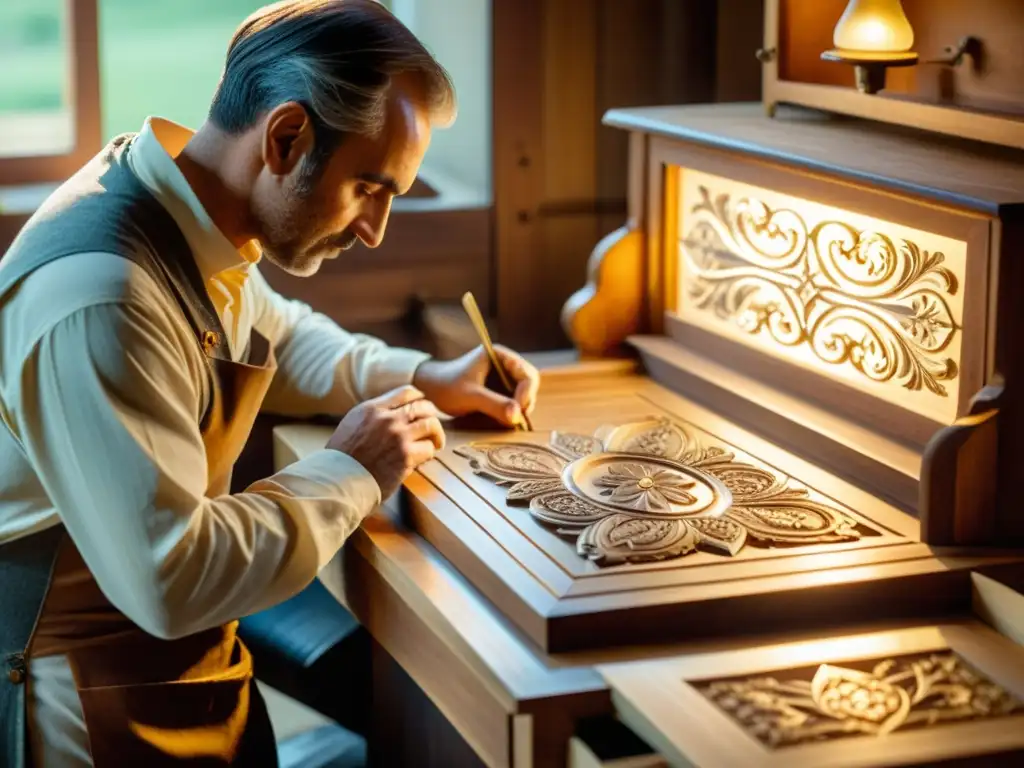 Un artesano francés talla un diseño intrincado en un gabinete de madera mientras la luz del sol ilumina su taller