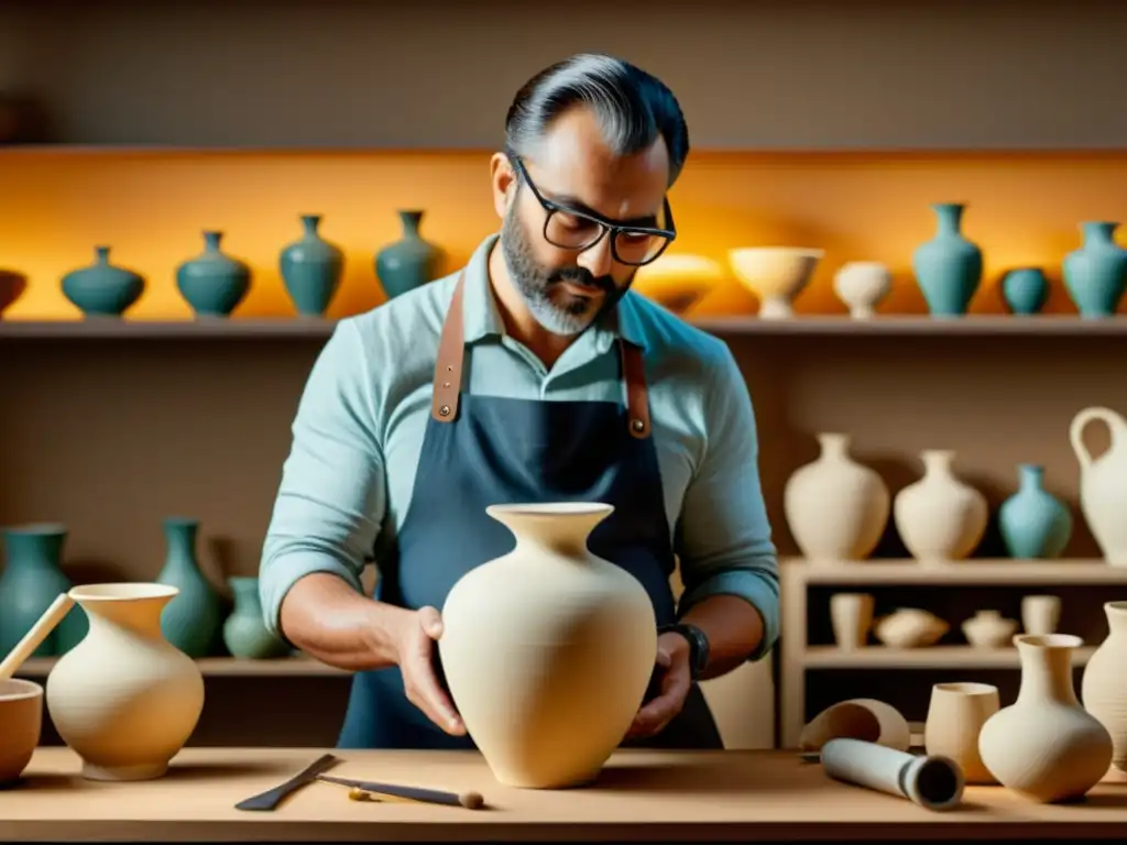 Un artesano hábil utiliza gafas de realidad aumentada para restaurar un antiguo jarrón de cerámica, rodeado de herramientas y materiales de trabajo