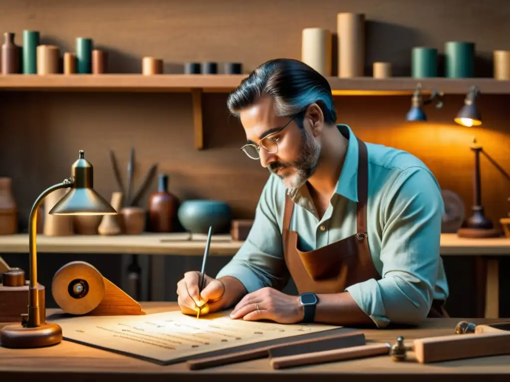 Un artesano analiza meticulosamente gráficos y datos en su taller, combinando habilidad artesanal con tecnología