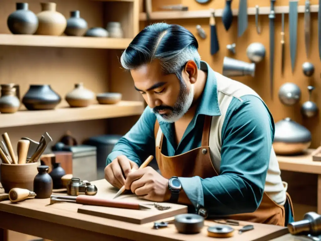 Un artesano hábil en su banco de trabajo rodeado de herramientas tradicionales y artesanías hechas a mano