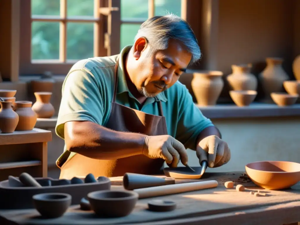 Un artesano hábil moldea cerámica rodeado de herramientas tradicionales, captando la esencia de la artesanía tradicional en la era digital