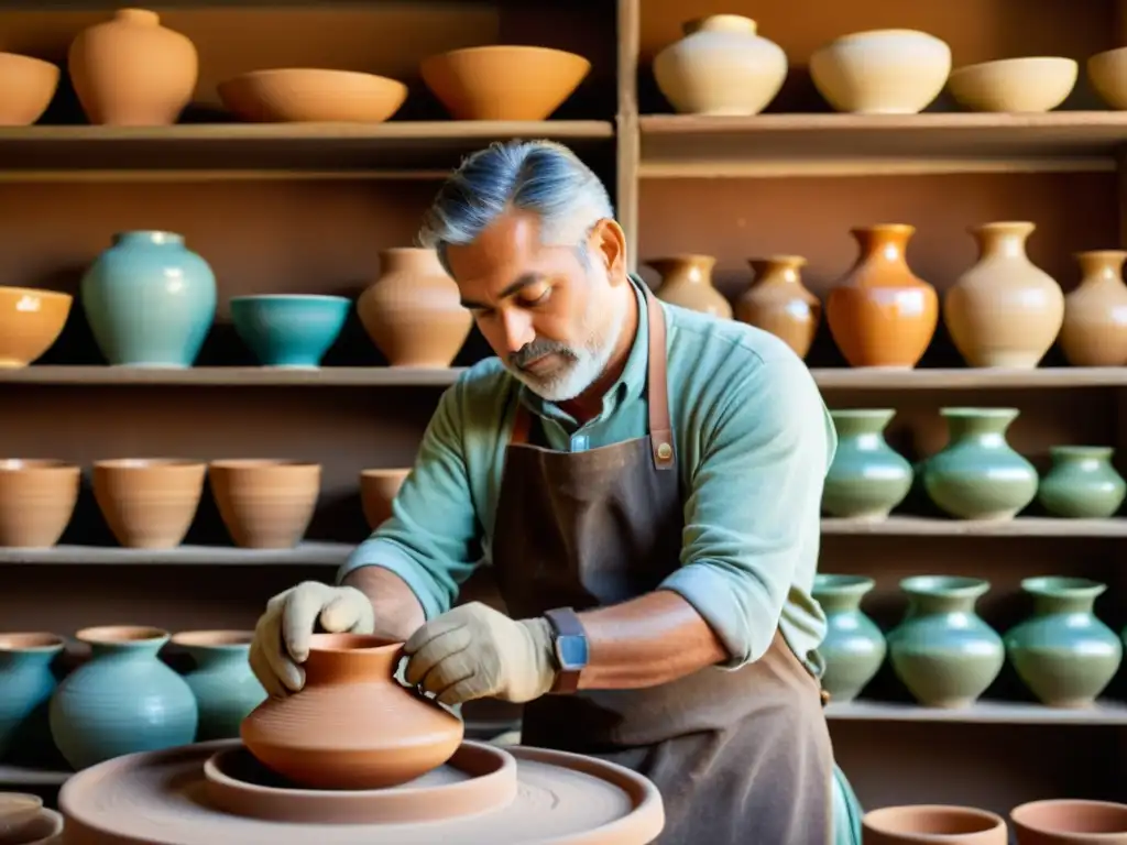 Un artesano hábil moldea cerámica en su taller rústico, rodeado de coloridas piezas