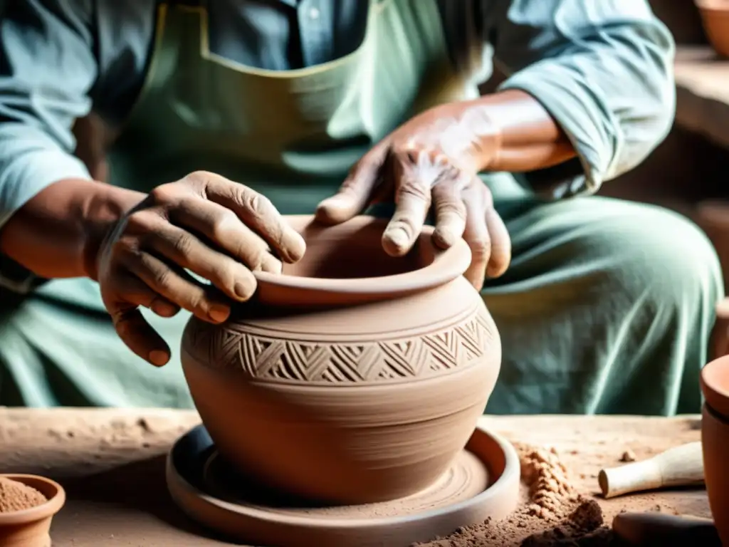 Un artesano hábil moldea con cuidado una olla de arcilla, mostrando la técnica y los detalles de la pieza inacabada