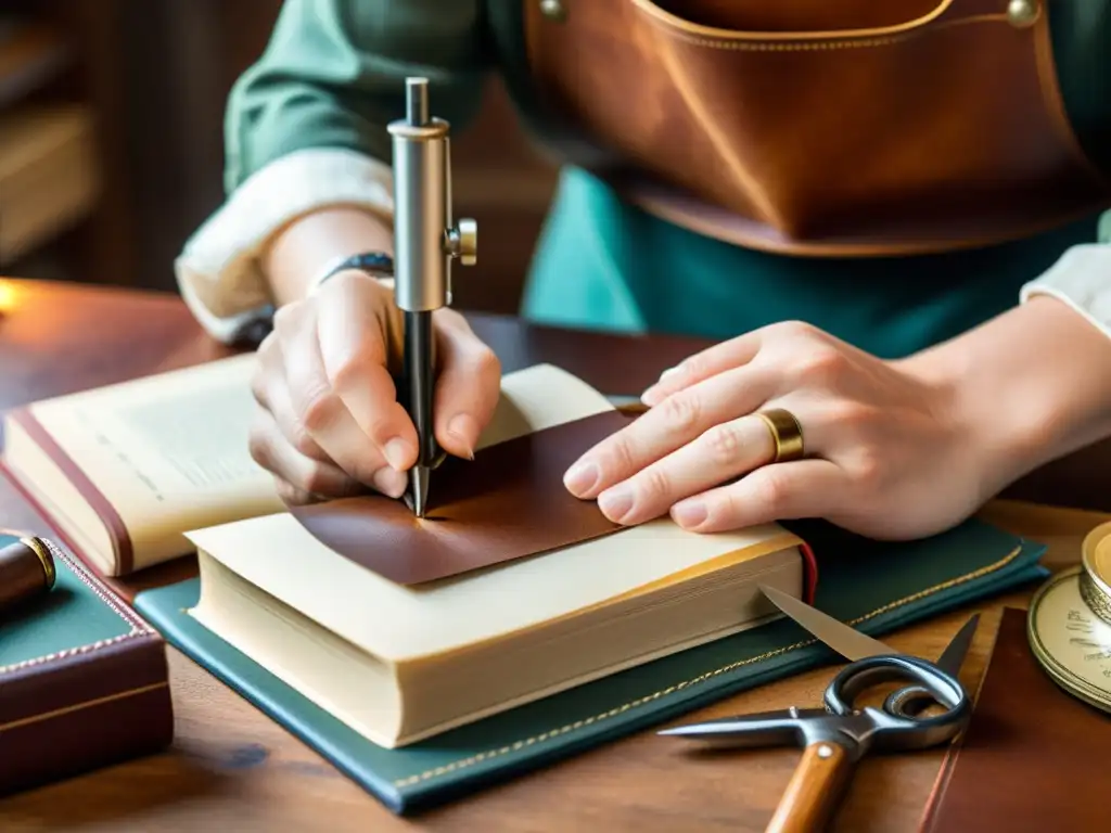 Un artesano hábil cose con delicadeza las páginas de un libro encuadernado en cuero vintage, rodeado de herramientas y materiales antiguos