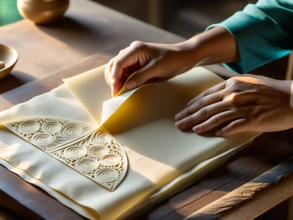 Un artesano hábil elaborando con delicadeza papel artesanal tradicional, destacando patrones e texturas