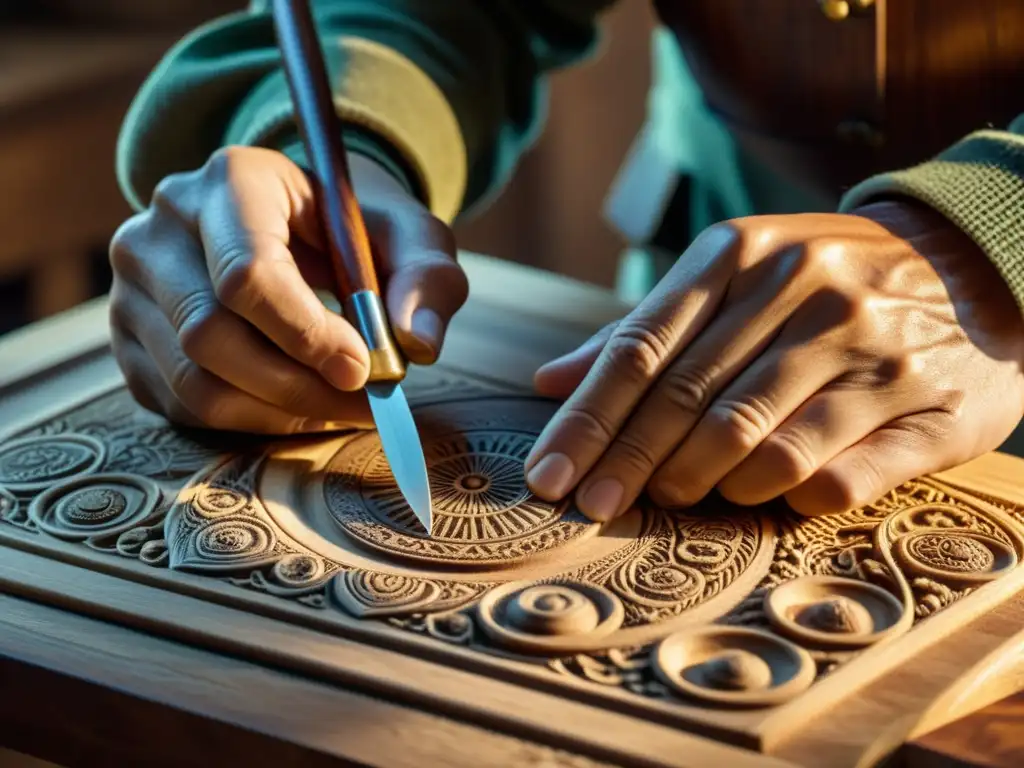 Un artesano hábil tallando delicados diseños en madera con herramientas vintage, en una cálida luz