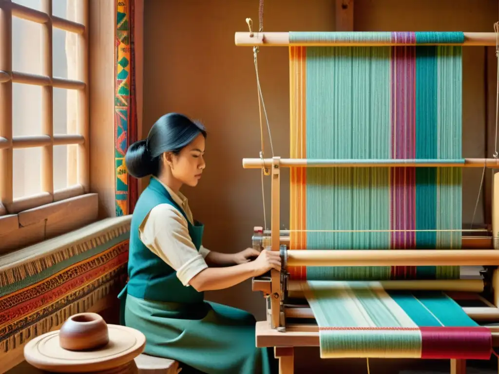 Un artesano hábil tejiendo un diseño tradicional en un telar de madera, rodeado de hilos coloridos y diseños textiles intrincados