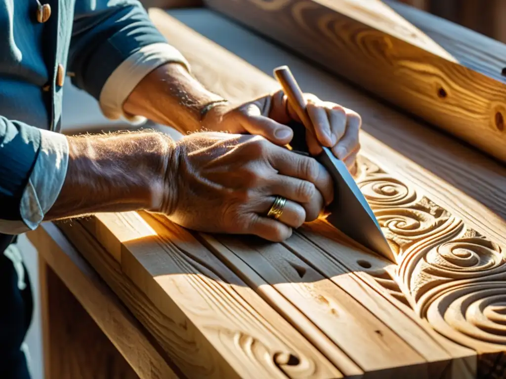 Un artesano hábil tallando diseños detallados en madera reciclada, con un ambiente cálido y nostálgico