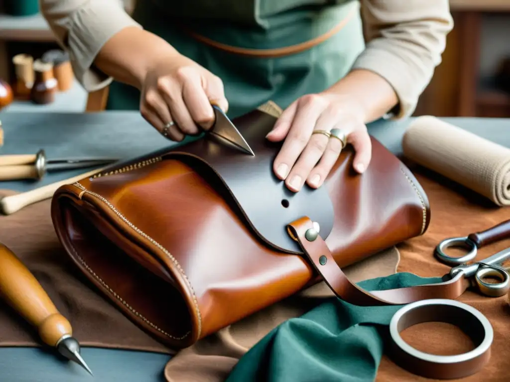 Un artesano hábil y experimentado cosiendo a mano una bolsa de cuero caramelo