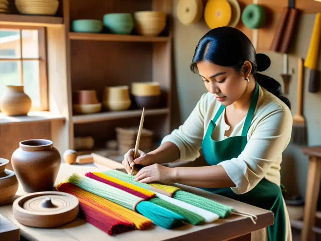 Un artesano hábil confeccionando una hermosa pieza artesanal en un taller acogedor y soleado