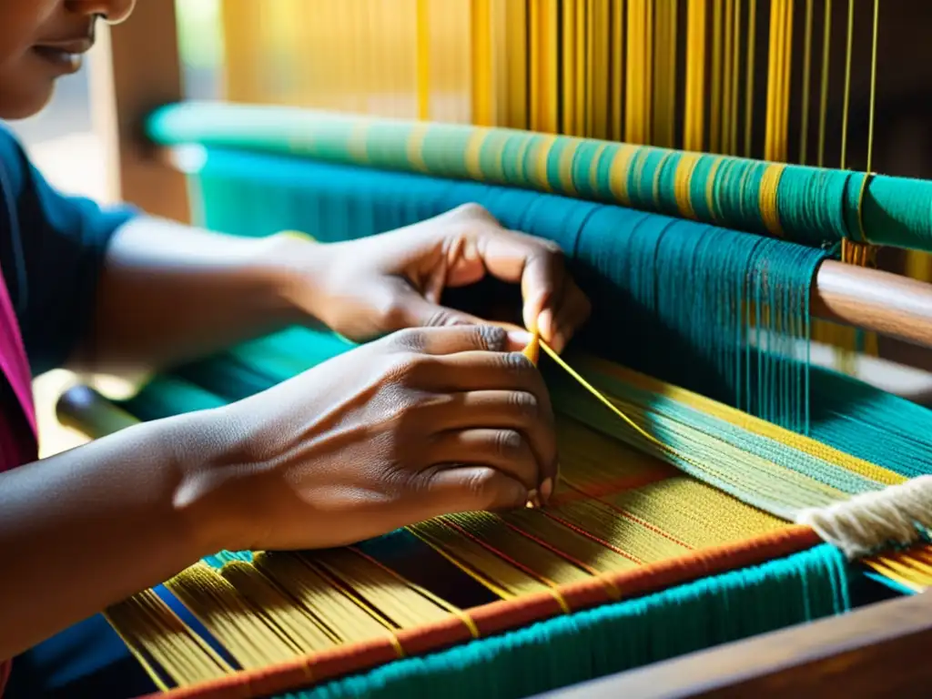 Un artesano hábil tejiendo hilos vibrantes en un telar tradicional, creando una tela rica y colorida