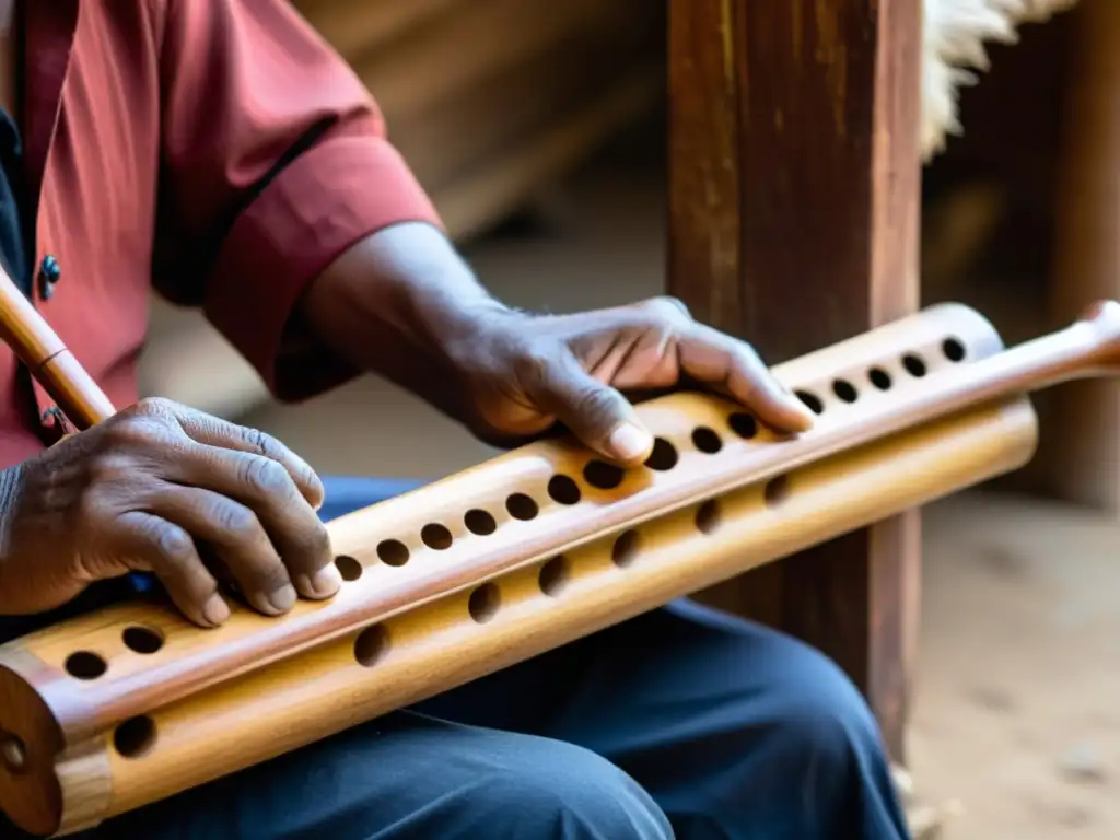 Artesano hábil fabricando instrumento musical tradicional con sus manos en luz cálida, destaca la artesanía y la riqueza cultural