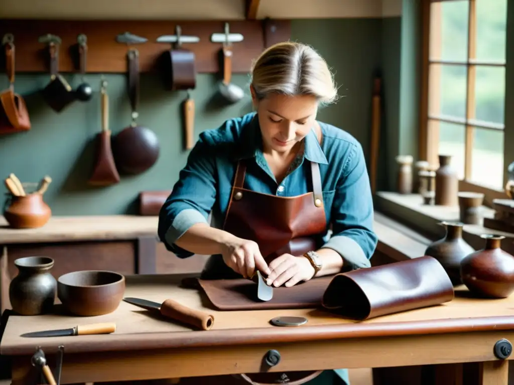 Un artesano hábil en marroquinería, creando a mano un bolso de cuero en un taller vintage