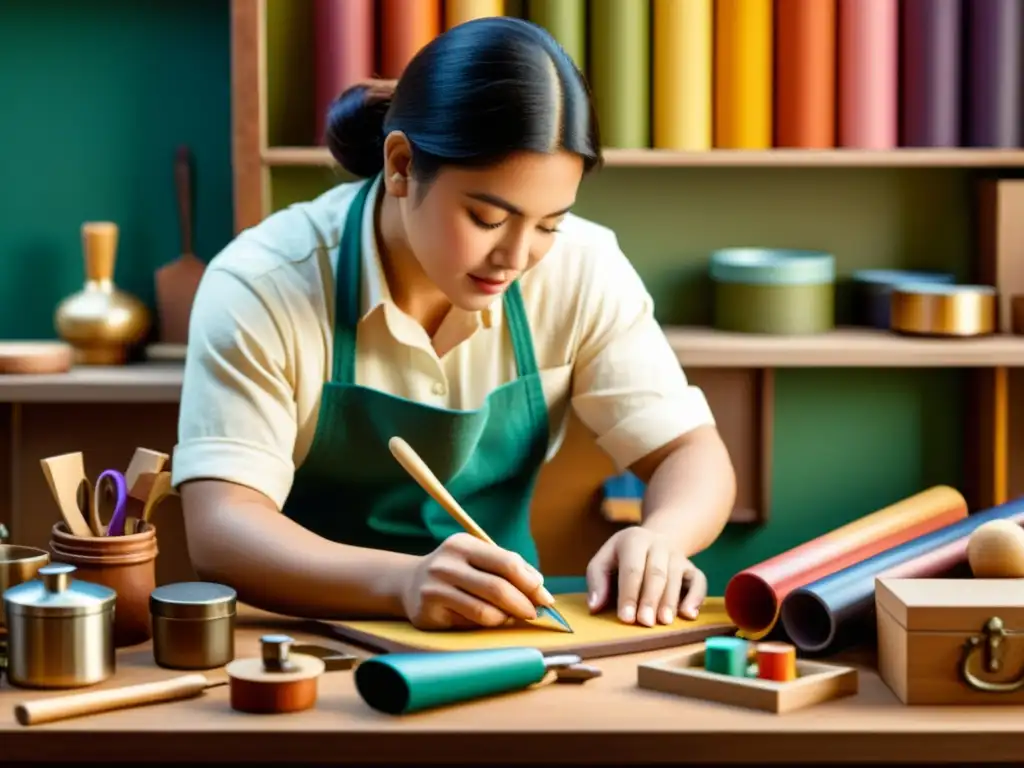 Un artesano hábil crea a mano con herramientas y materiales coloridos en una escena nostálgica y cálida