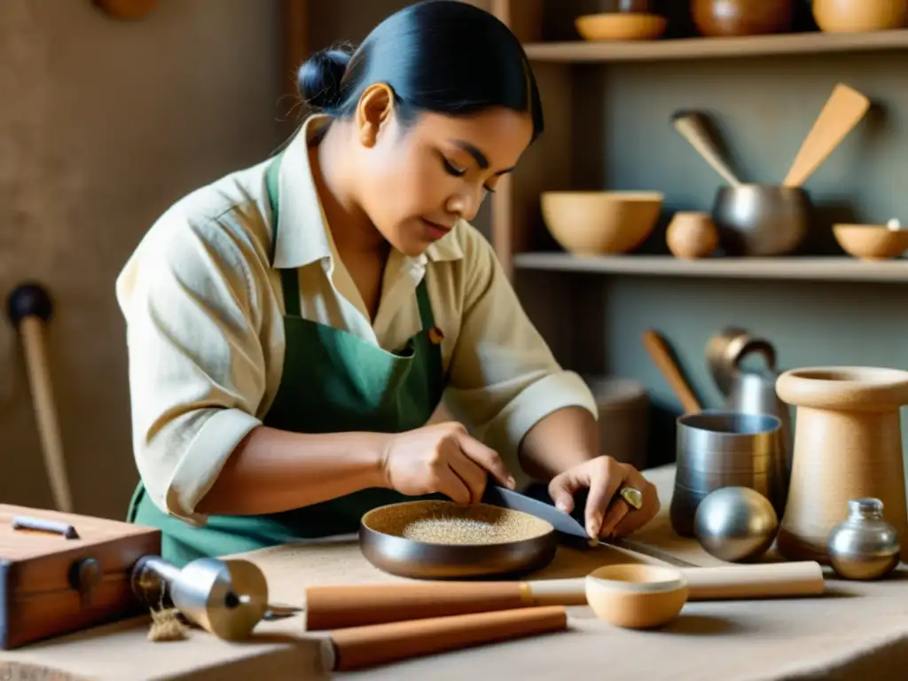 Un artesano hábil trabajando con materiales sostenibles, creando una hermosa pieza artesanal