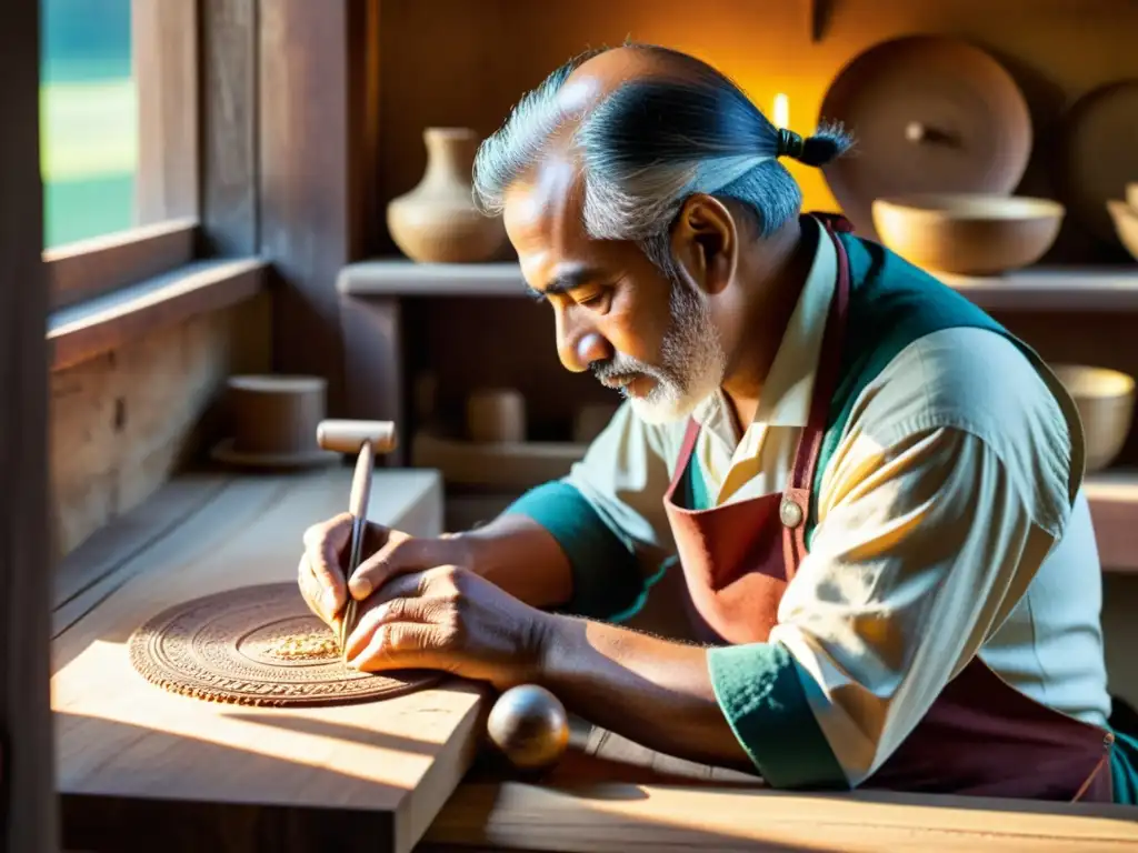 Un artesano hábil trabaja en una obra de artesanía tradicional en la era digital, rodeado de cálida luz y ricas texturas