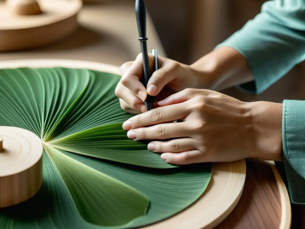 Artesano hábil elaborando una obra única con materiales ecoamigables, inspirados en la naturaleza