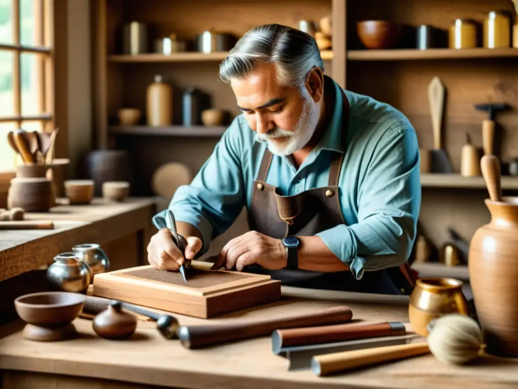 Un artesano hábil trabaja en una pieza de artesanía tradicional, rodeado de herramientas rústicas