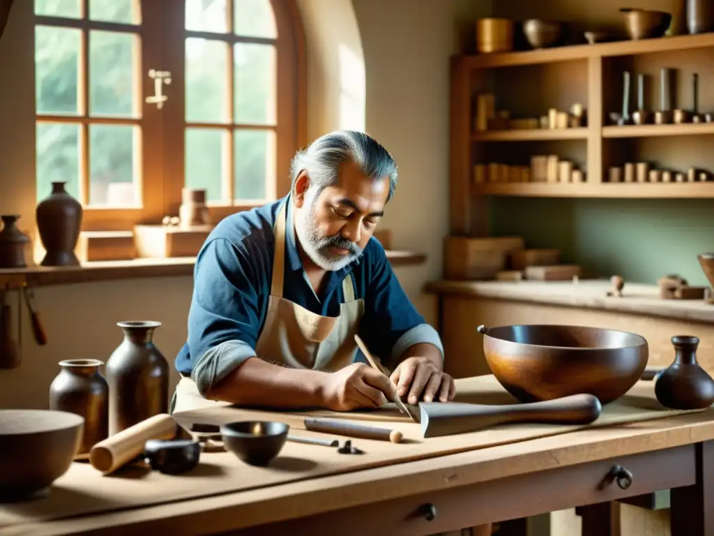 Un artesano hábil en su taller rodeado de herramientas tradicionales, valorizando artesanía tradicional en un mercado digital