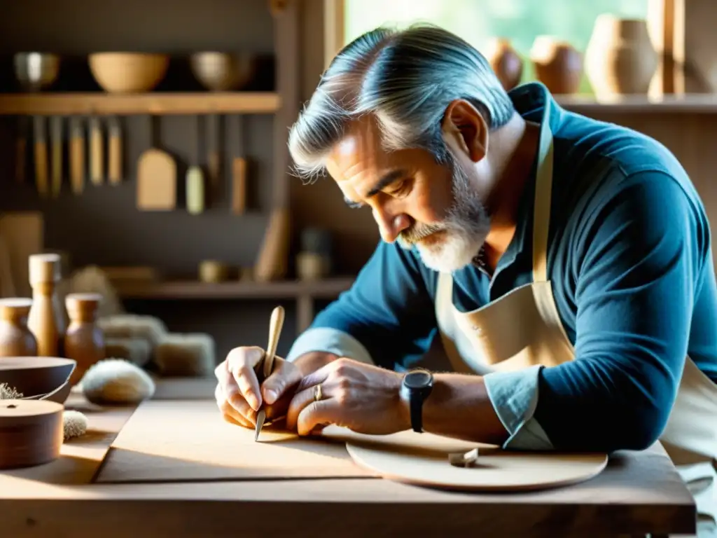 Artesano sostenible: la belleza de la artesanía en imágenes Artesano hábil en taller soleado, crea producto eco-friendly