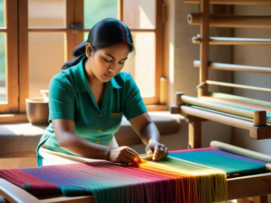 Un artesano teje con habilidad en un banco de trabajo, creando una pieza textil tradicional con hilos coloridos