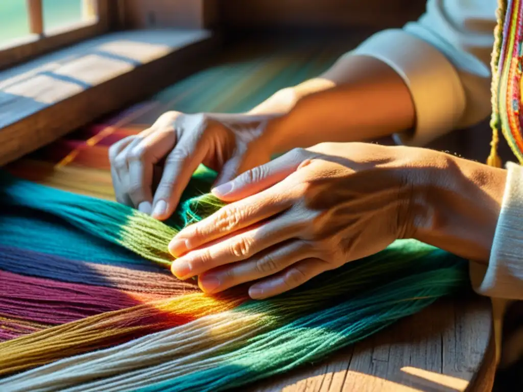 Un artesano teje con habilidad hilos coloridos en un patrón tradicional, iluminado por la cálida luz natural