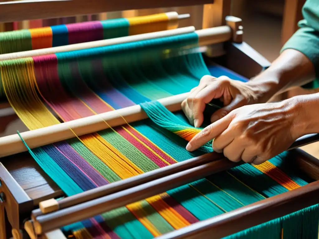 Un artesano teje con habilidad patrones tradicionales en un telar de madera, preservando patrones tradicionales en la era digital