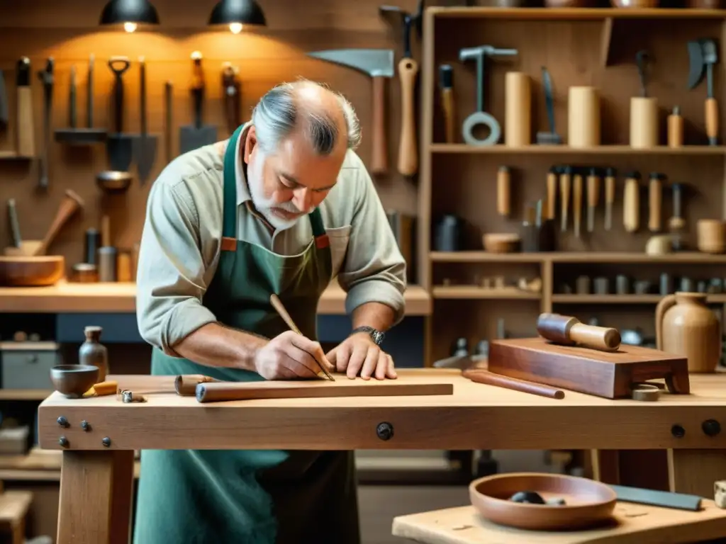 Un artesano habilidoso trabaja con determinación en su banco de trabajo, rodeado de herramientas tradicionales y materiales