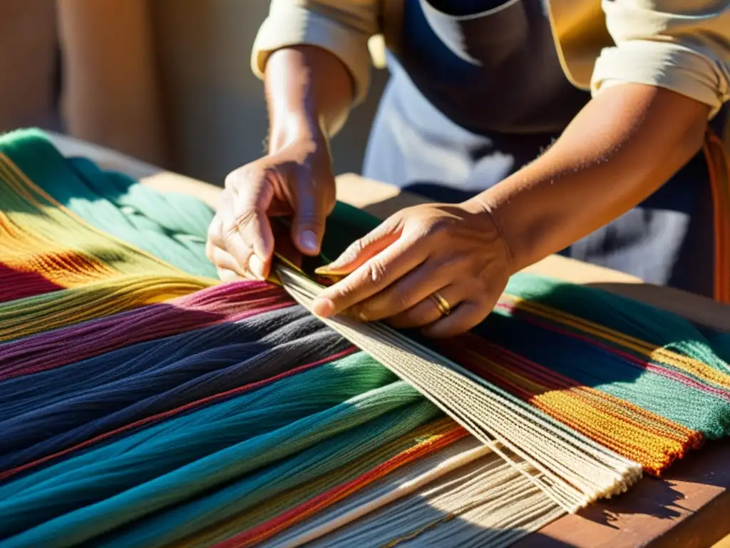 Un artesano habilidoso teje coloridos hilos con dedicación, creando una obra maestra textil